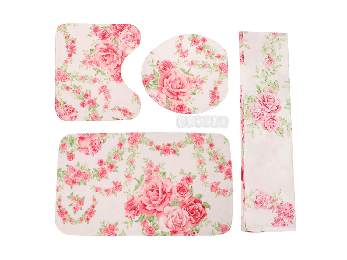 MEOIRUERY Juego de 4 Piezas con Diseño de Rosas - Cortina de Ducha, Alfombra, Tapa de Inodoro y Funda