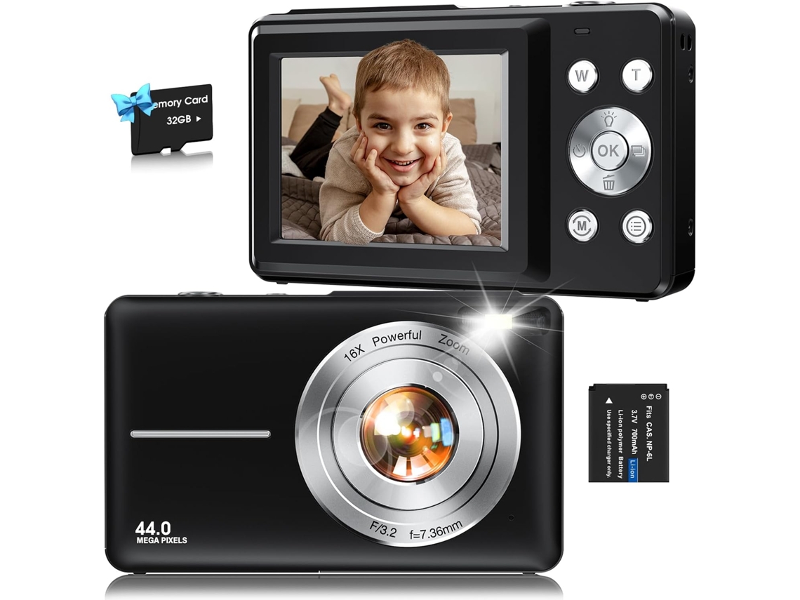 Cámara Infantil De 44 Mp, 1080p, Zoom 16x Y Tarjeta De 32 Gb (negra)