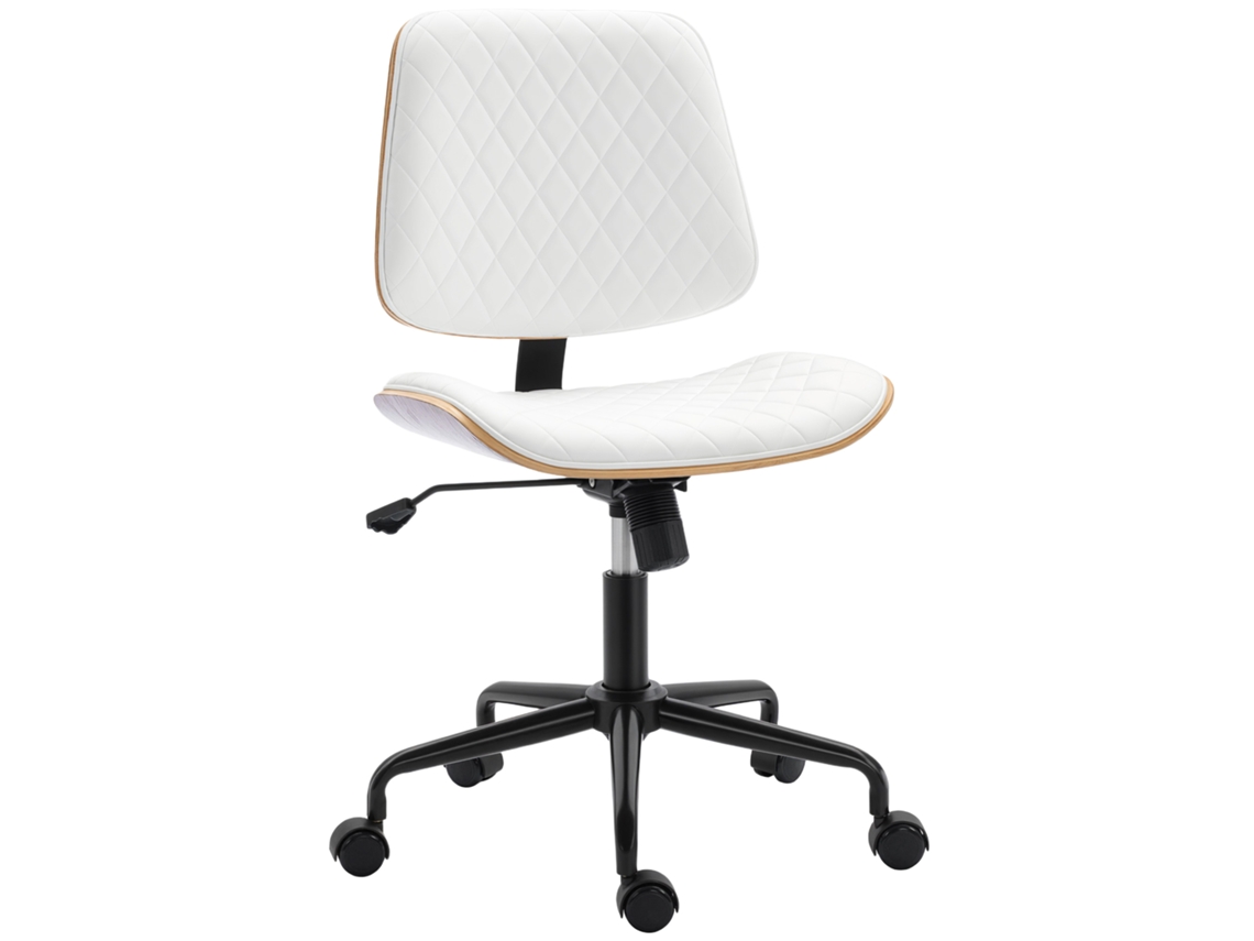 Silla de oficina blanca de 48,5 x 53 x 88 pulgadas (98 cm), sin brazos, giratoria, de cuero sintético, con respaldo curvo y altura ajustable.