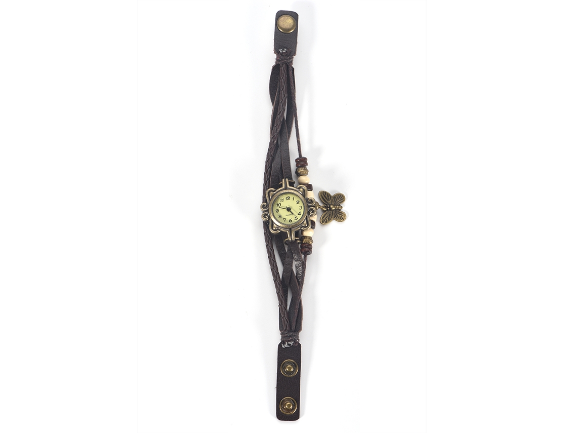 Reloj Analógico De Cuarzo Para Mujer Con Correa De Pu Trenzada Y Colgante De Mariposa Marrón.
