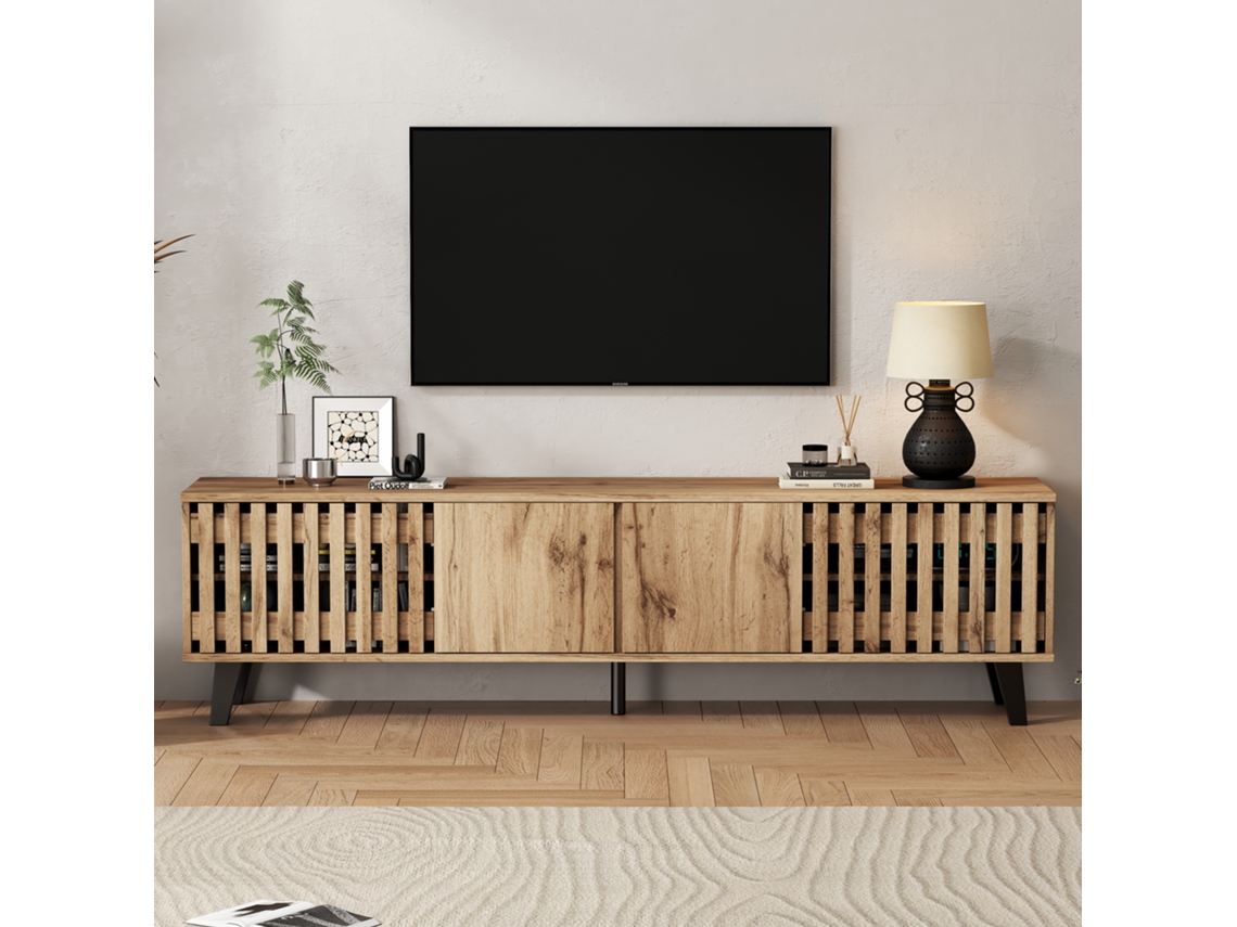 Mueble Tv Con 4 Puertas, 8 Nichos, Patas Negras, Soporta Hasta 70 Pulgadas, Madera Natural, 180x40x55 Cm