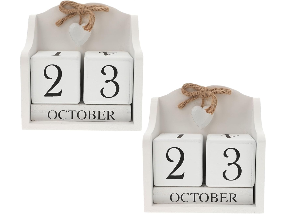 Juego De 2 Calendarios Perpetuos De Madera Blanca Vintage, Bloques En Forma De Corazón