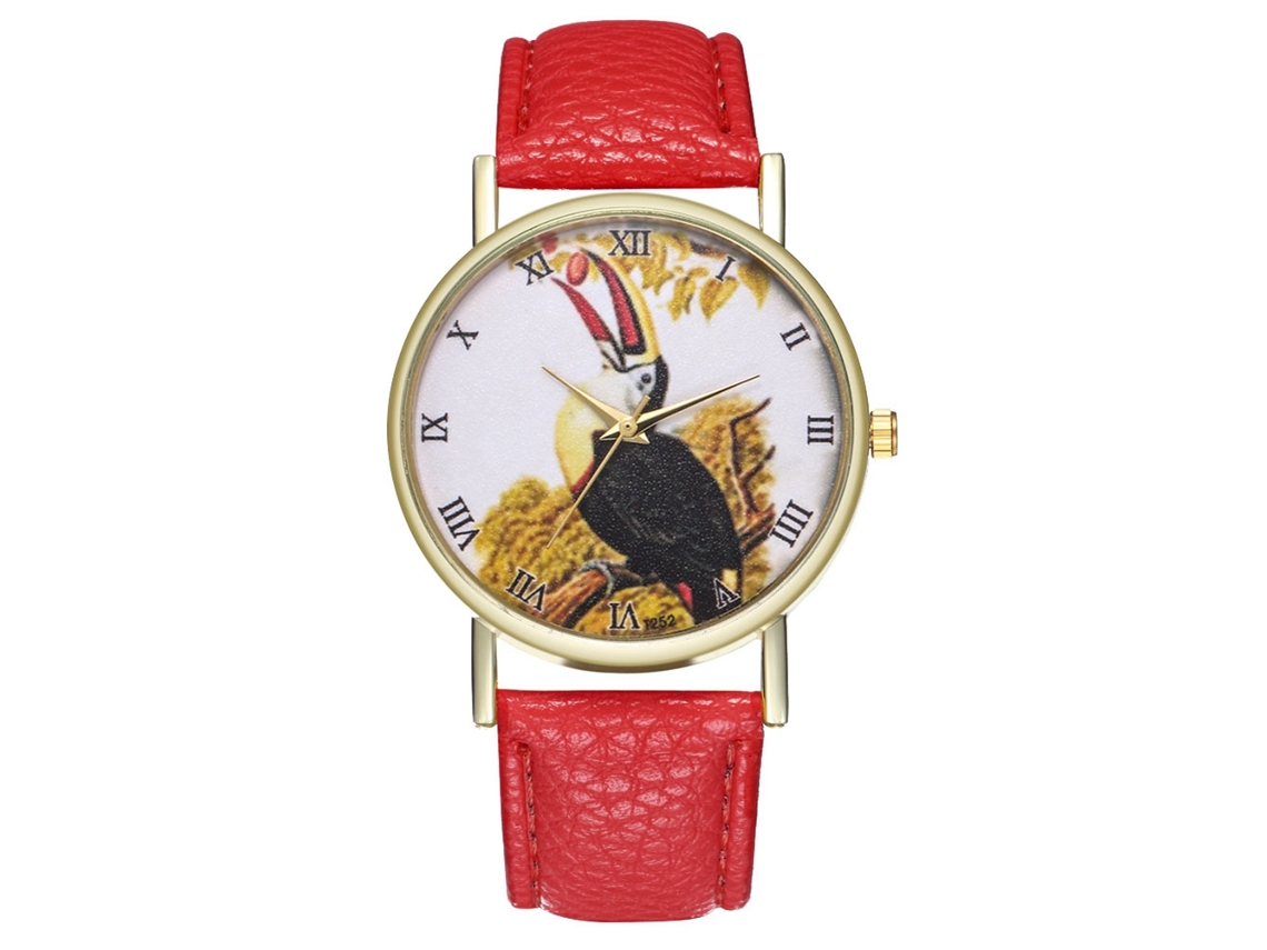 Reloj Unisex De Cuarzo Con Correa De Cuero Pu Moda Patrón Animal Dial Romano Rojo