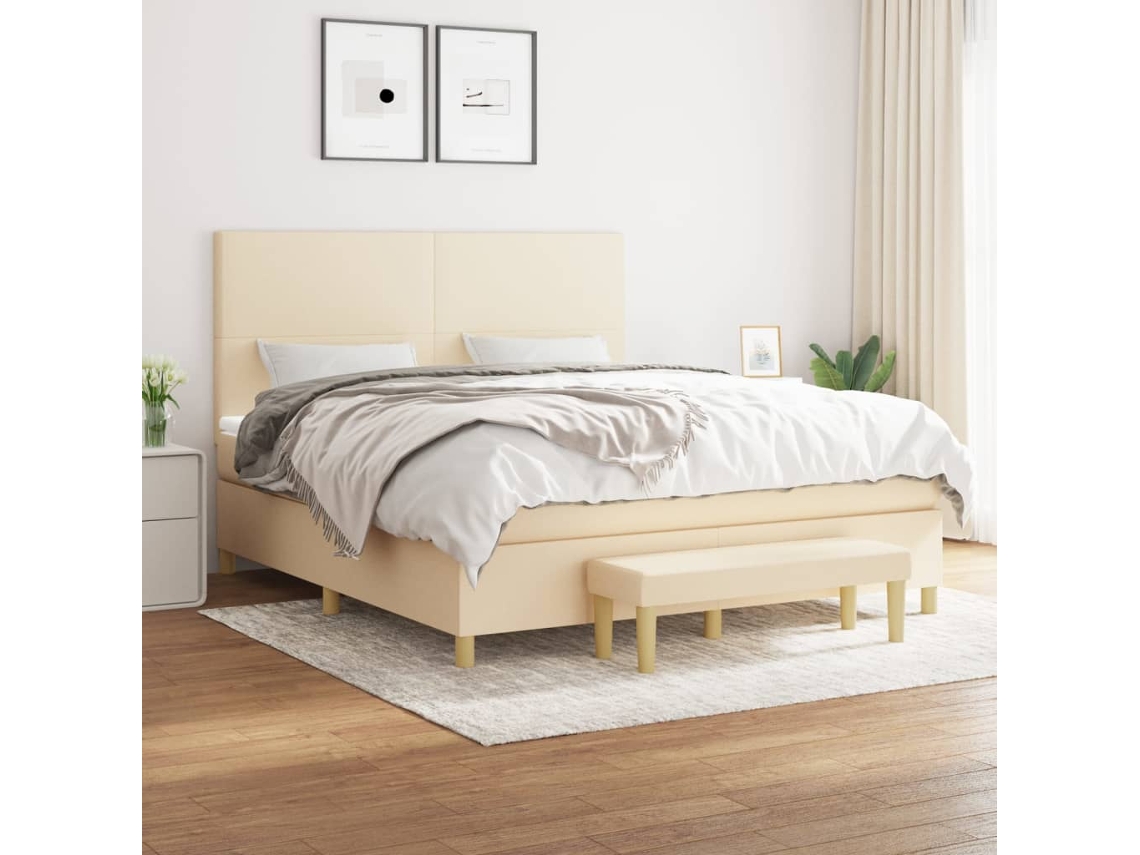 Cama Box Spring Con Colchón Tela Color Crema 180x200 Cm