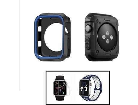 Carcasa Military + Correa SportyStyle + Protector de Hydrogel PHONECARE Apple iWatch Series SE - 44mm Negro Azul y Blanco