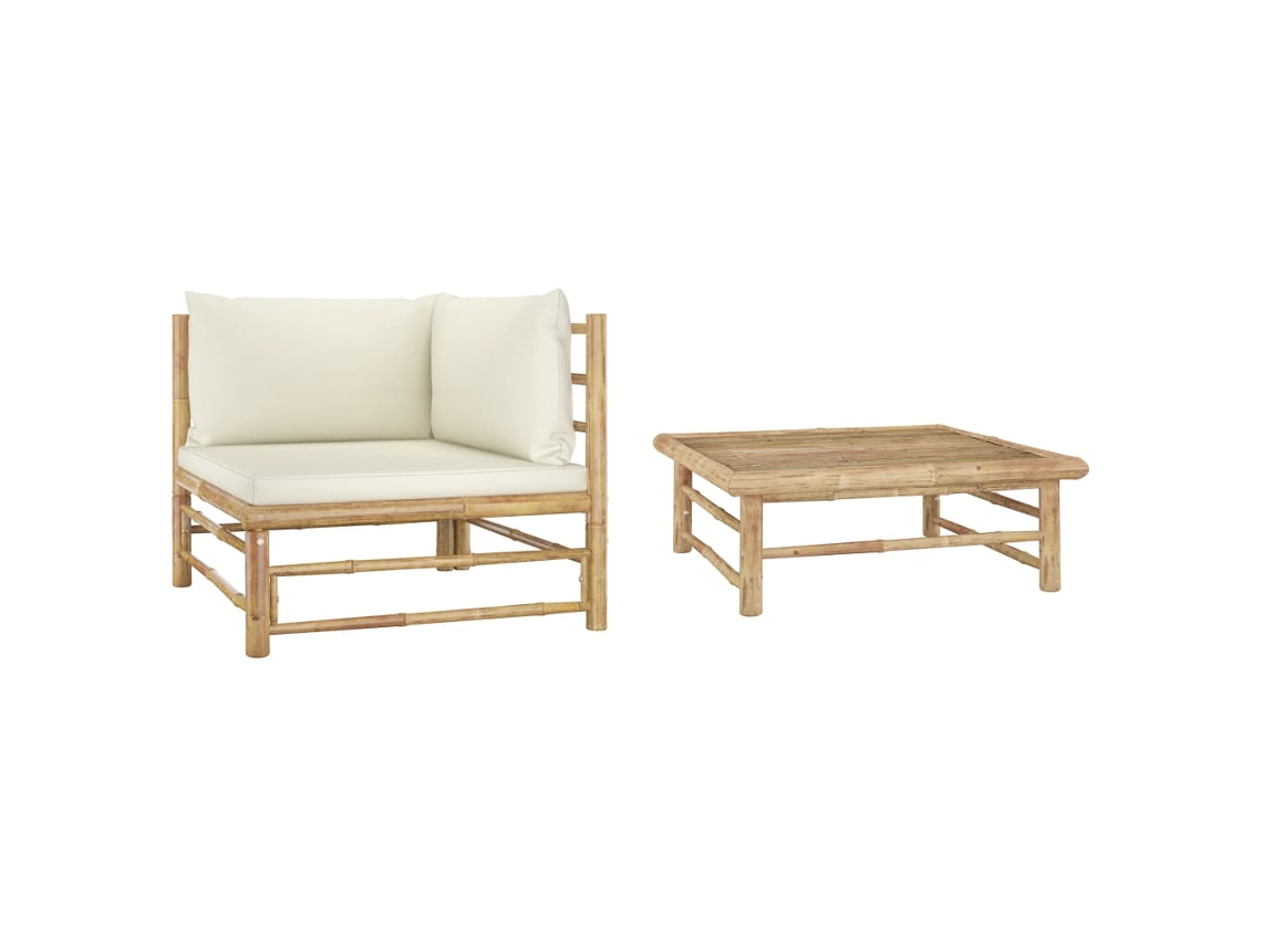 2 piezas combinadas. Sillón de jardín de bambú con cojines en blanco crema, Dkd Home Decor