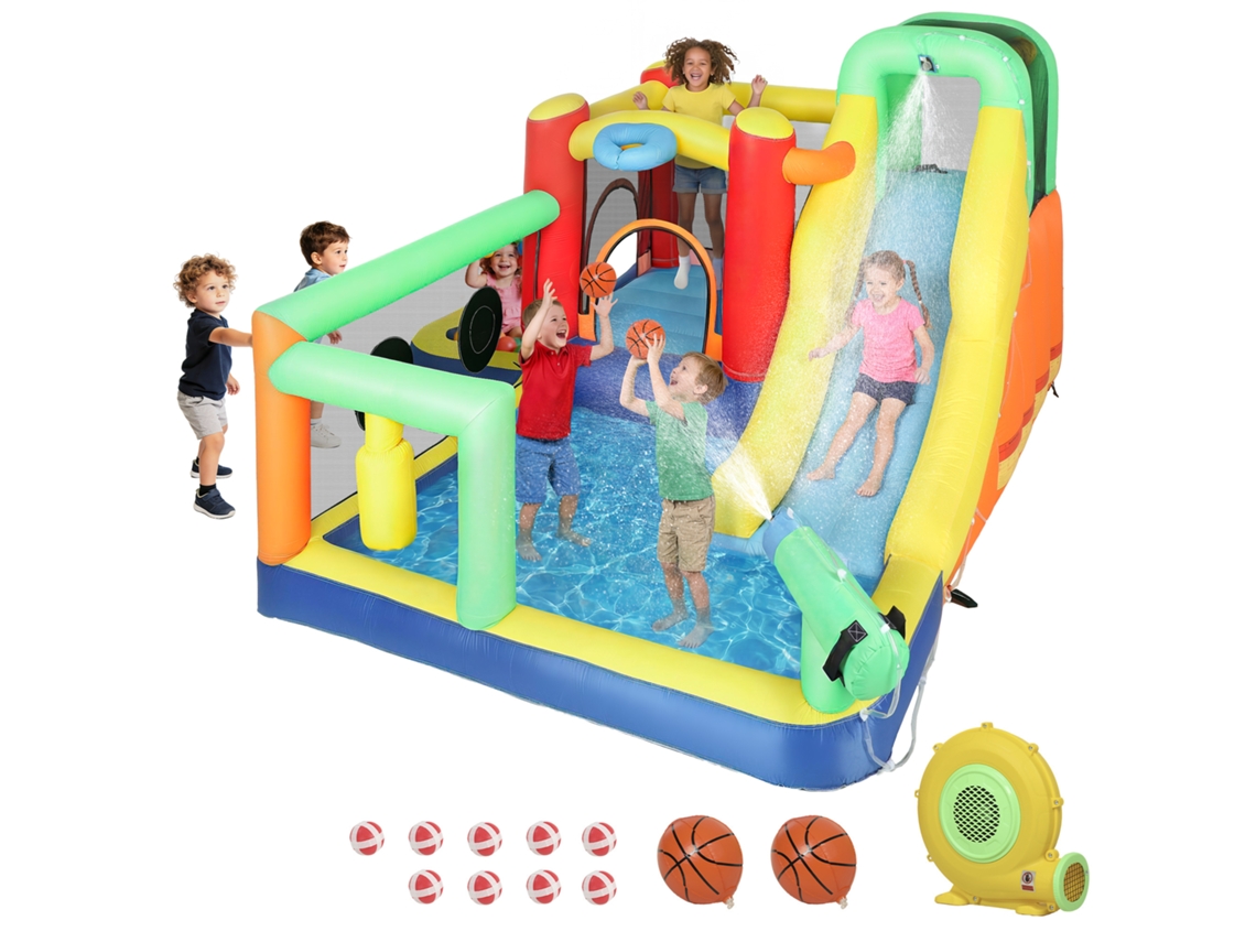 Castillo acuático hinchable 9 en 1 con soplador de 550 W, tobogán, trampolín, piscina y cancha de baloncesto.