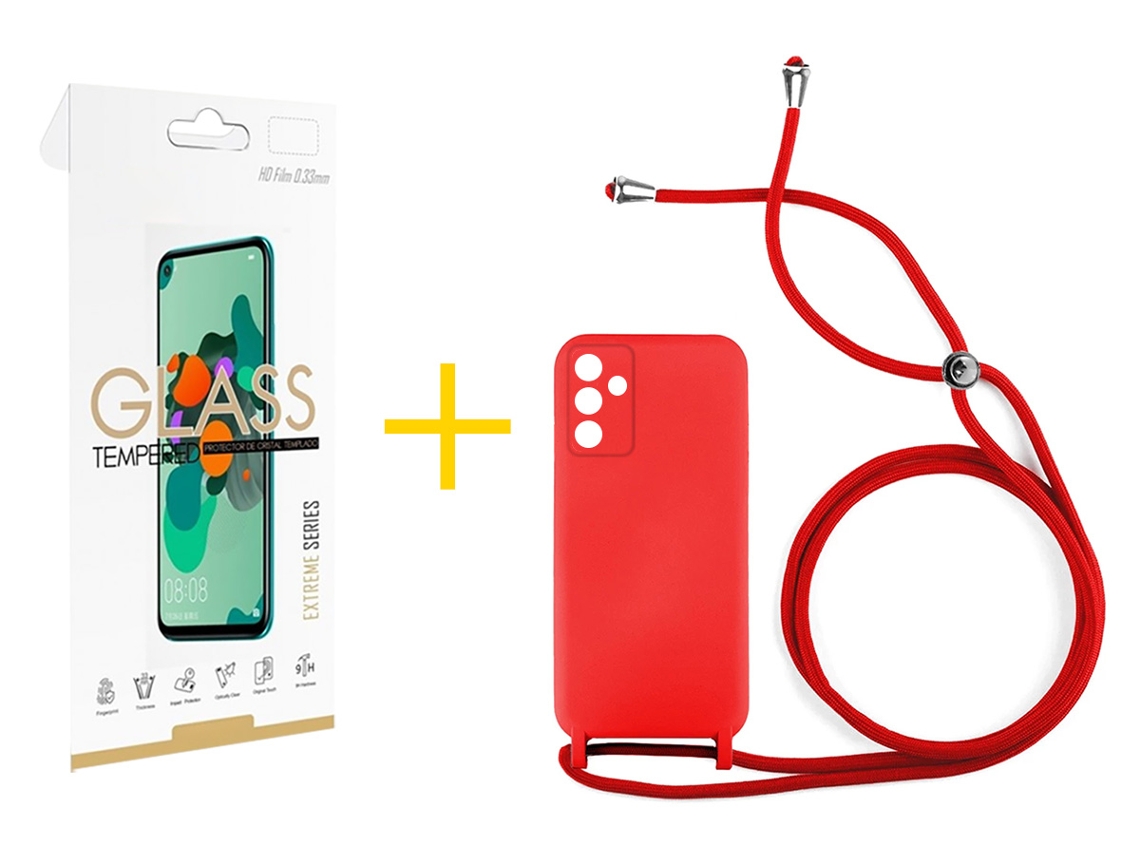Pack 1 X Película De Vidrio Templado 2.5d Funda Skyhe Para Samsung Galaxy A05s 5g Gel Con Cordón Rojo