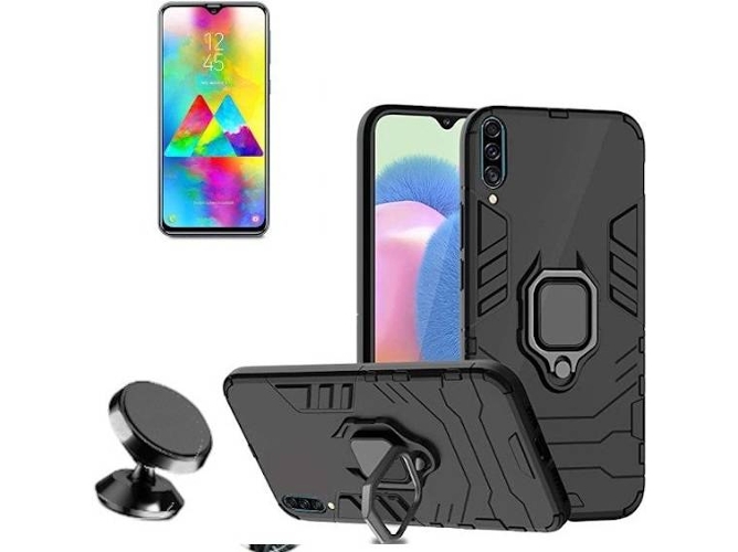 Kit Carcasa, Protector de Cristal 5D Full Cover y Soporte Magnetico Samsung Galaxy A30s Defender Negro