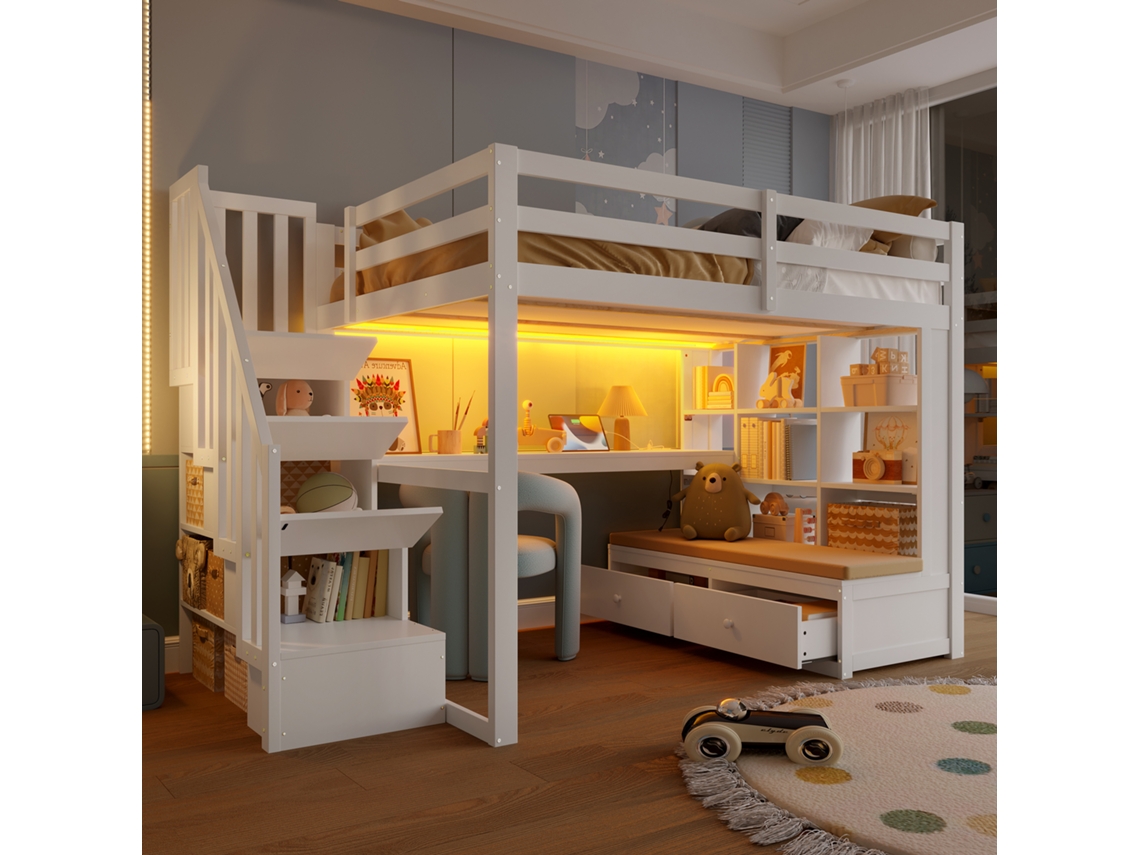 Cama Alta De 140x200 Cm Con Escritorio Y Estantes, 2 Cajones Integrados, Escalera De Almacenamiento, Estructura De Madera Blanca.