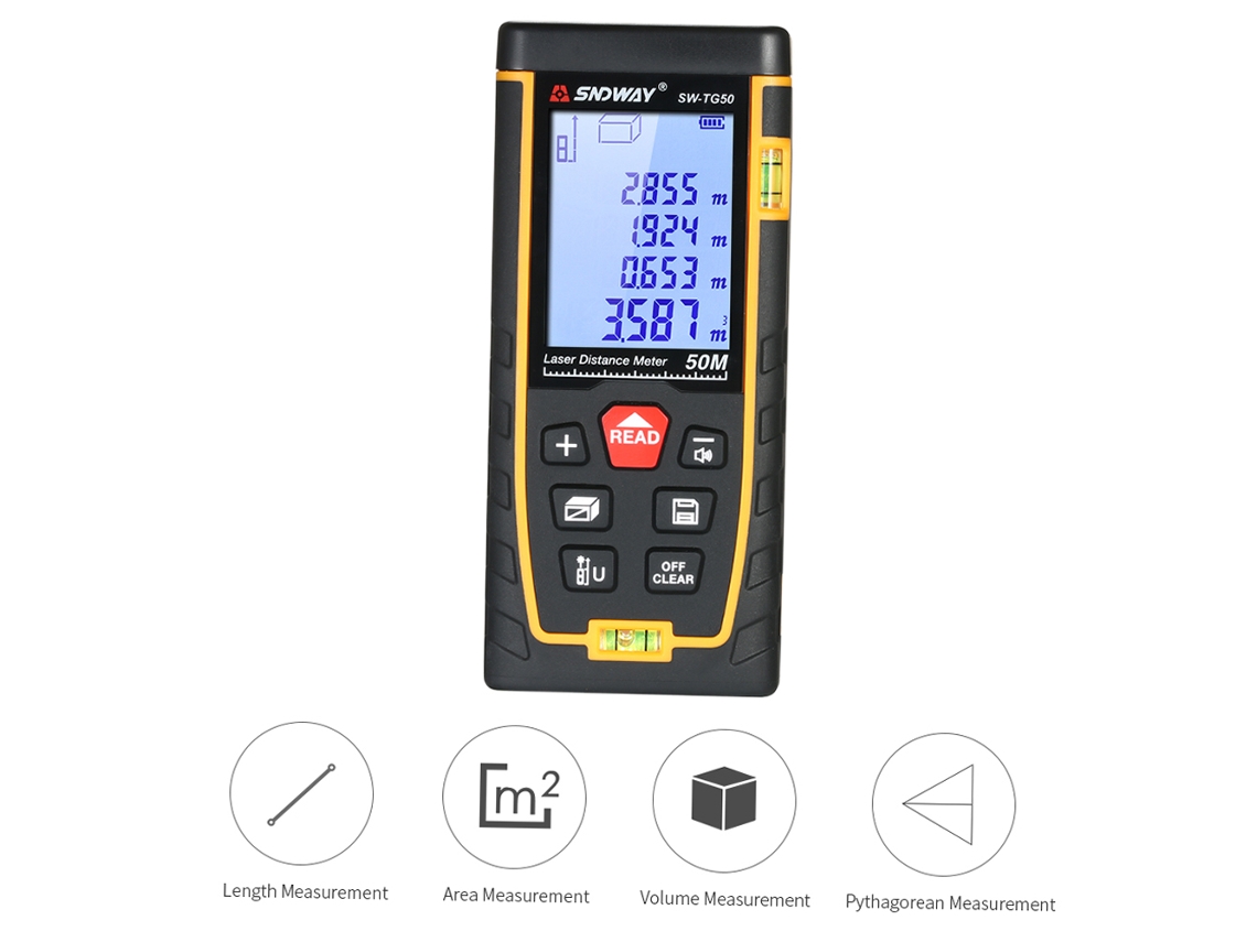 Medidor De Distancia Láser Portátil De Alta Precisión Sndway De 50 M Con Pantalla Lcd Y Doble Nivel De Burbuja.