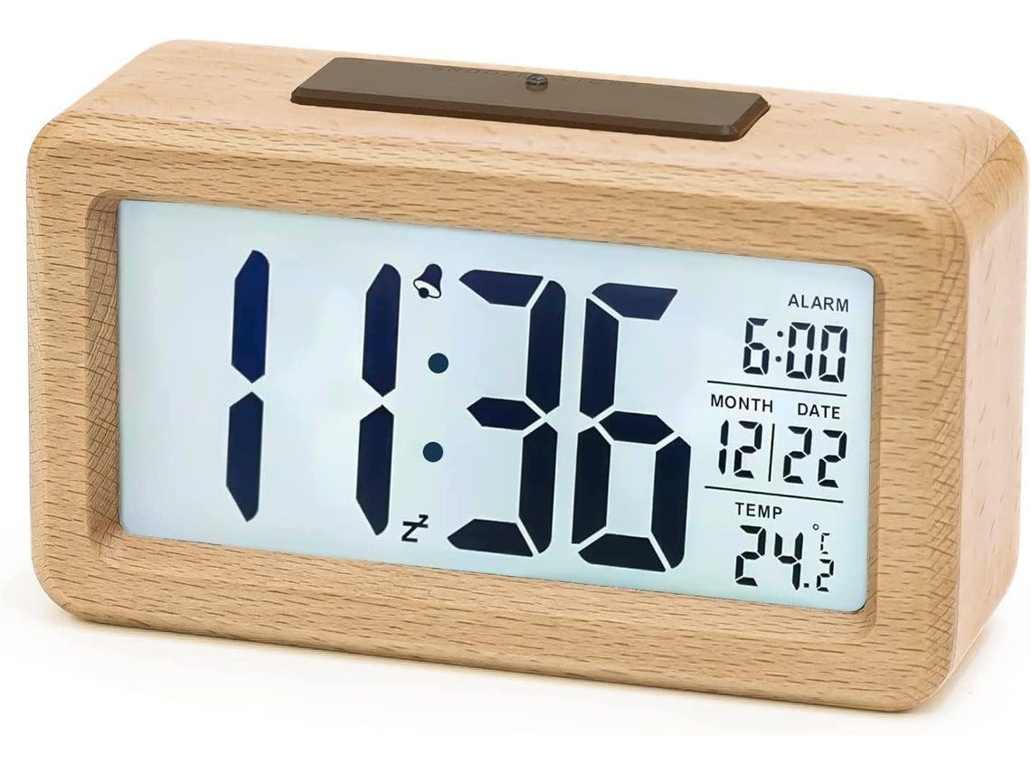 Reloj despertador digital de madera con cerradura y temperatura, luz nocturna y función de repetición. Madera De Haya.