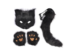 -set Fox Cara Guantes Cola Suave Peluche Piel Amigable Accesorios Disfraz Cosplay Mujer Niña Negro