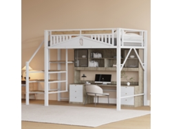 Cama alta de metal de 140 x 200 cm con diseño exclusivo, escalera de seguridad y amplio espacio de almacenamiento bajo la cama, color blanco.