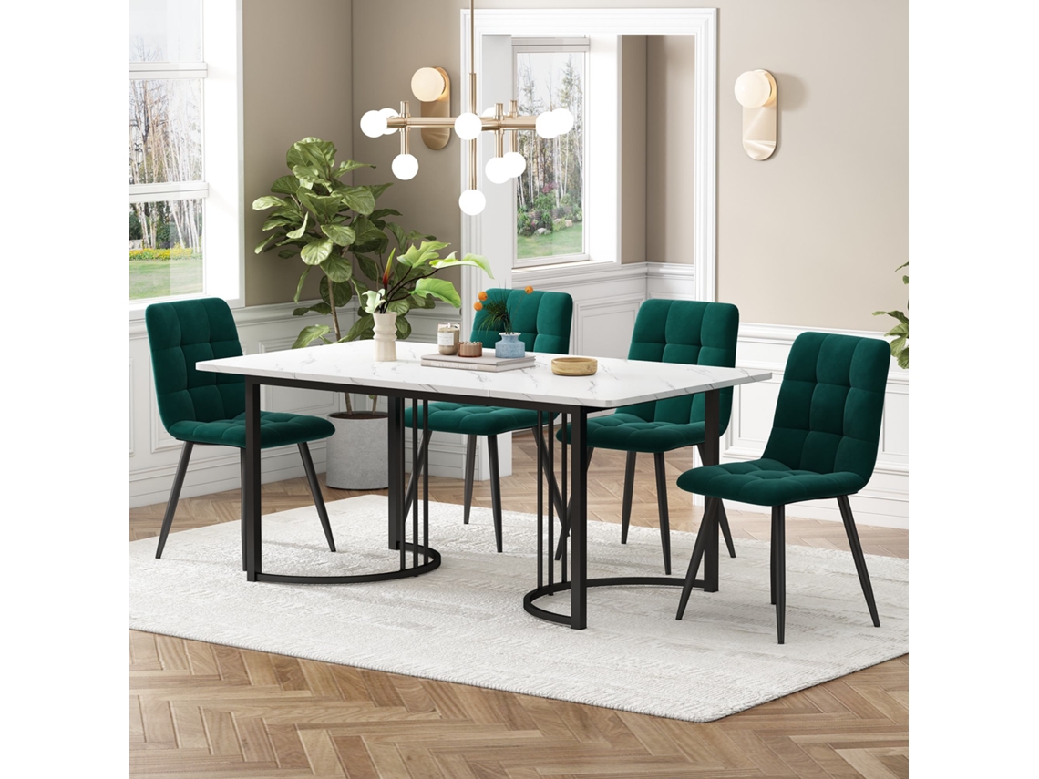 Conjunto De Comedor 140×80 Cm Mesa Con Patas Metálicas Negras, Tampo En Mdf Blanco, Sillas En Terciopelo Verde Oscuro Mobrio