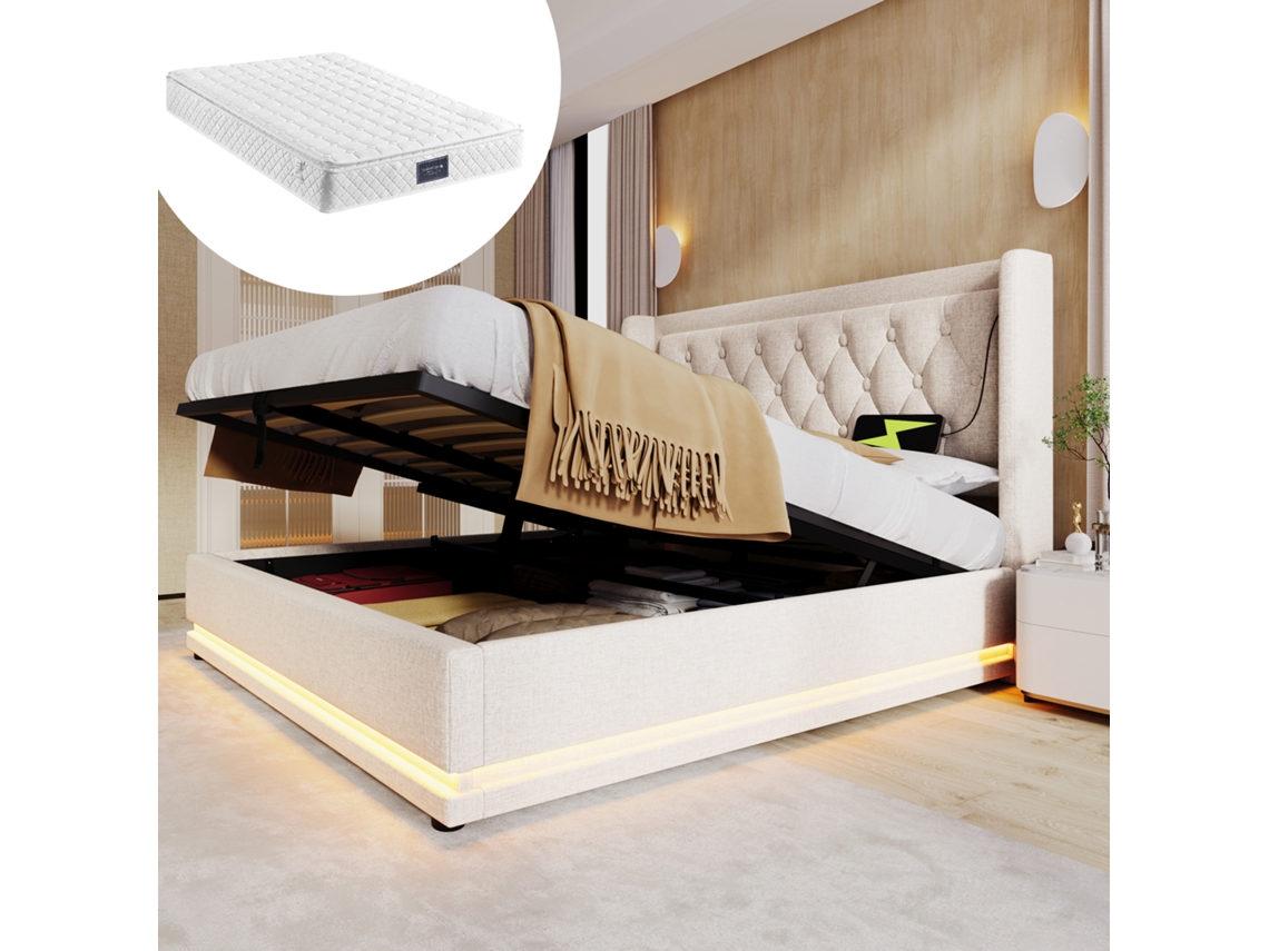Cama Hidráulica 160x200 Algodón Beige Led Usb-c Colchón Sí