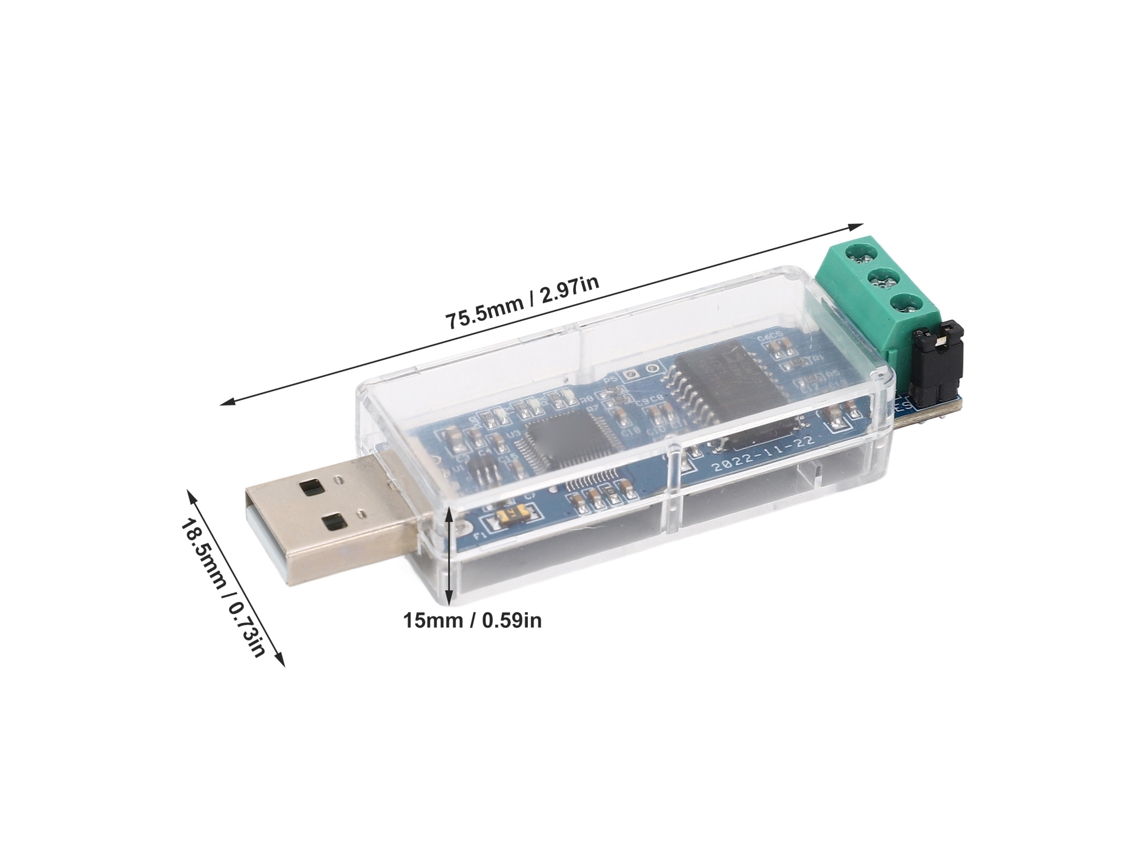 Módulo convertidor USB a CAN 2026as con aislamiento para depuración y análisis del bus CAN.