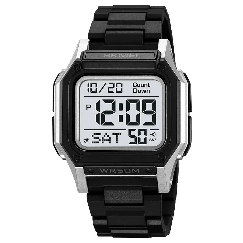 Reloj De Pulsera Deportivo Digital Con Cronómetro Retroiluminado Para Hombre (plateado Y Blanco) Con Función De Cuenta Regresiva.