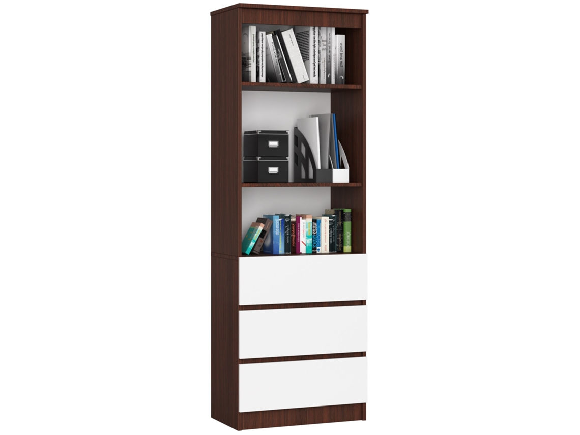 Librería Akord R60 Wenge 60 Cm 3 Cajones Frente En Color Blanco 3 Estantes 60x35x180 Cm