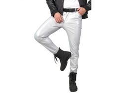 Calça de couro masculina casual de cintura média e corte slim, cor sólida, tamanho ACX EU 31, prata, modelo 2026.