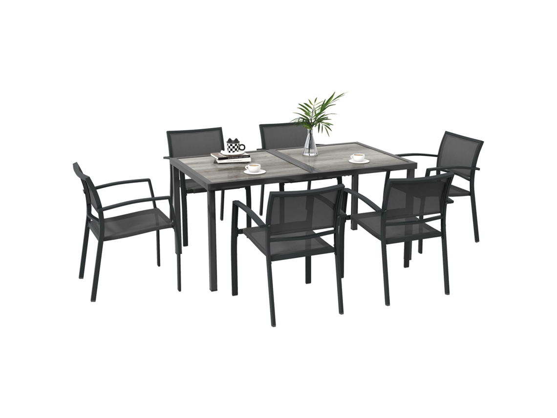 Conjunto de mesa de jardín gris y 6 sillas.