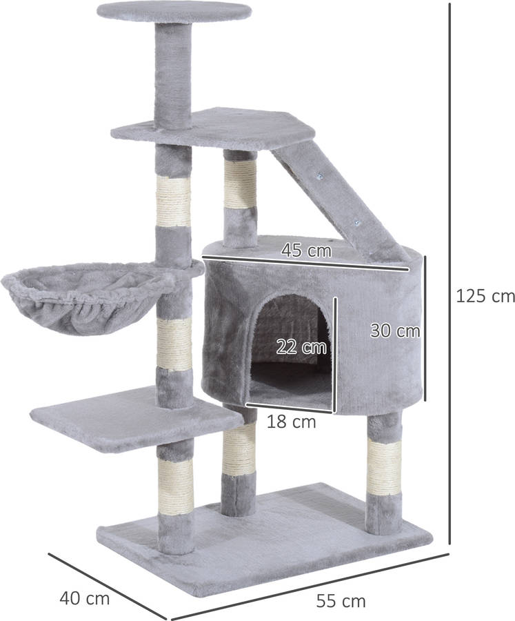 Rascador Para Gatos grande 55x40x125 cm con postes escalera cueva espaciosa hamaca plataformas centro de actividades sisal natural homcom d30126gy