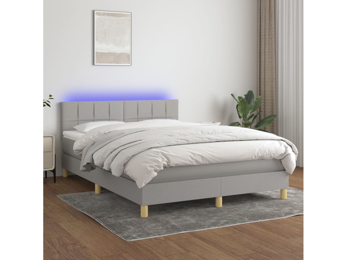 Cama box spring colchón y luces LED tela gris claro 140x200 cm