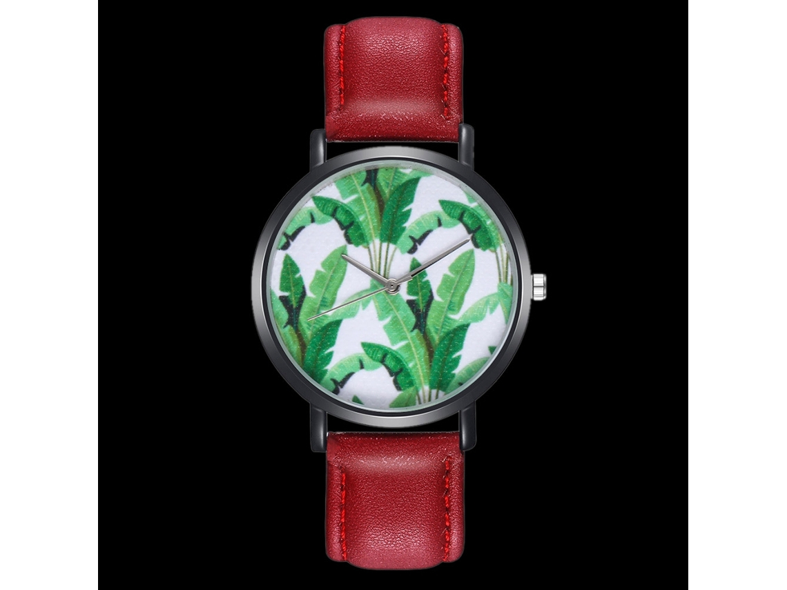 Reloj Unisex Para Parejas Con Correa De Pu, Esfera Redonda, Movimiento De Cuarzo Y Estampado De Hojas Verdes.