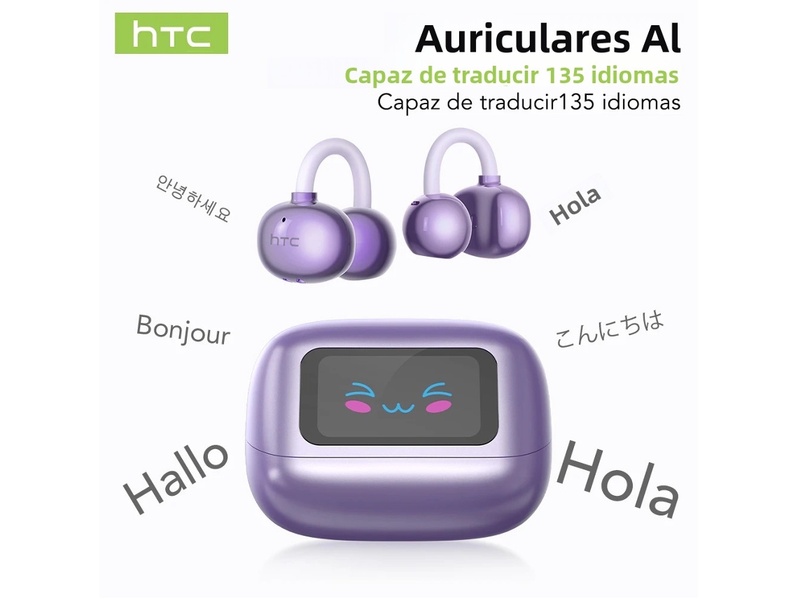 Auriculares Bluetooth con pantalla LCD, traductor de IA, ganchos para la oreja inalámbricos y cancelación de ruido. Mdug (morado)