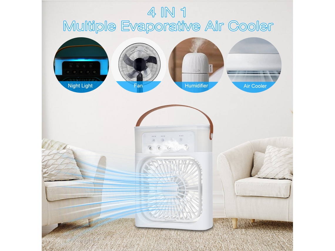 Mini humidificador con ventilador y enfriador 2026 con velocidades ajustables, luz nocturna y temporizador, USB para el hogar y la oficina.