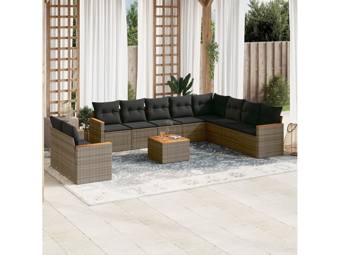 Conjunto de sofá de jardín de 11 piezas con cojines, ratán gris, DKD Home Decor