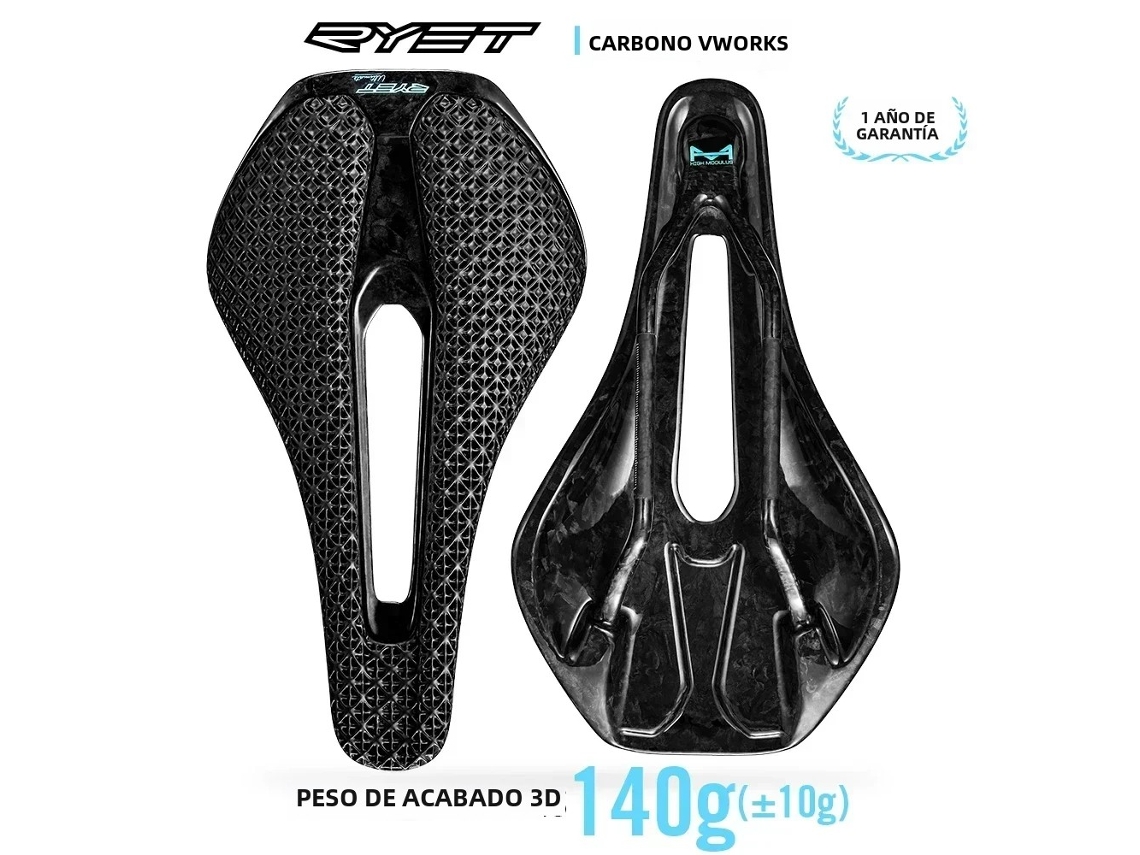 Sillín de bicicleta ultraligero Ryet de carbono, impreso en 3D, 135/143 mm, para MTB, grava y carretera.