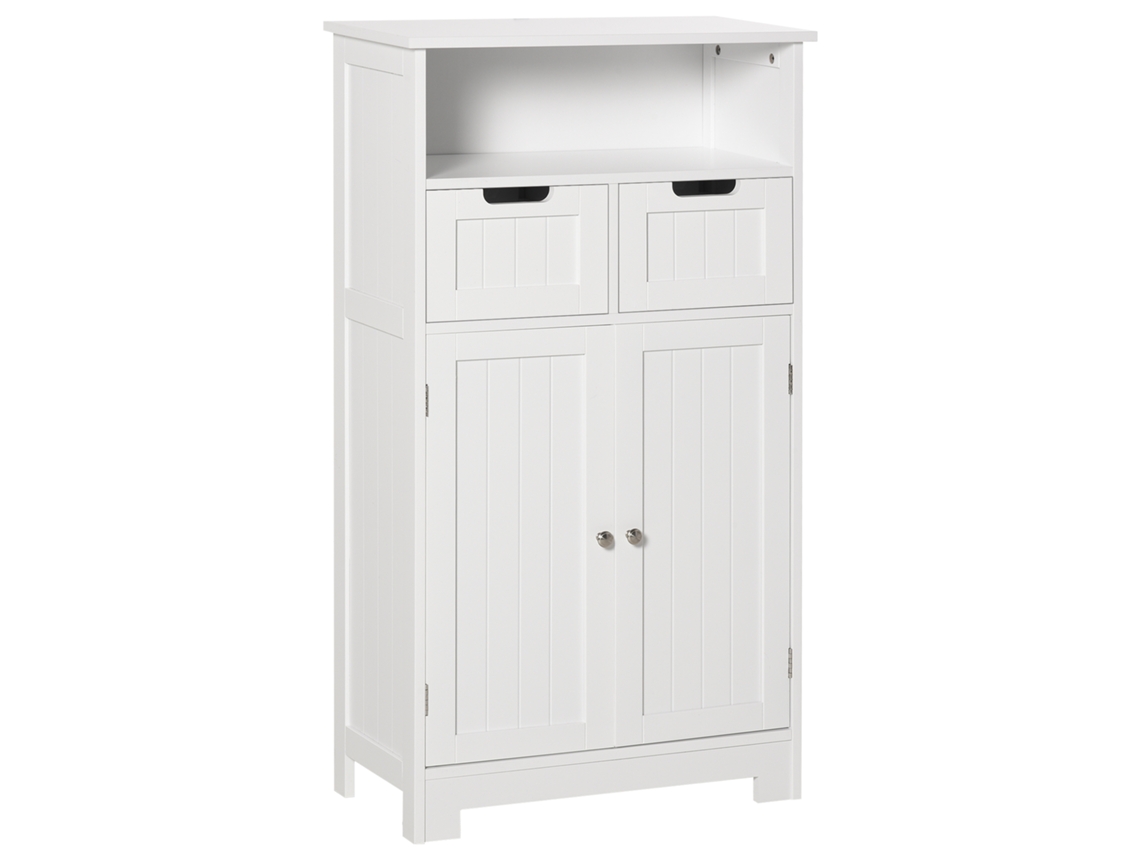 Armario de baño Kleankin blanco de 60x30x108,8 cm, 2 puertas, 2 cajones, estante ajustable, compartimento abierto multiusos.