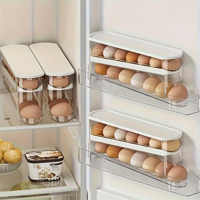 Bandeja de plástico con tapa, organizador de huevos con ruedas para refrigerador, soporte para huevos que ahorra espacio para refrigerador