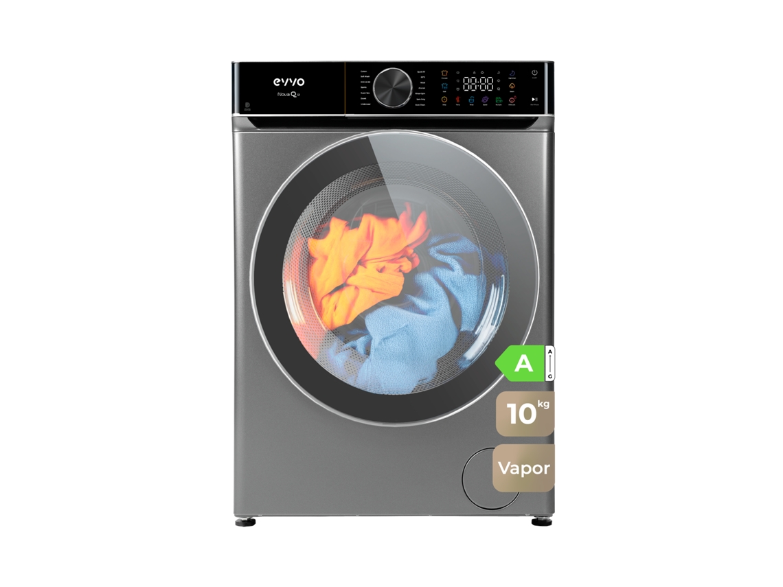 Evvo Lavadora 10 Kg Nova Q10x, 1400 Rpm, Clase A, Motor Inverter Edrive, 14 Programas, Vapor Steam Wash, Lavado Rápido 15', Inox