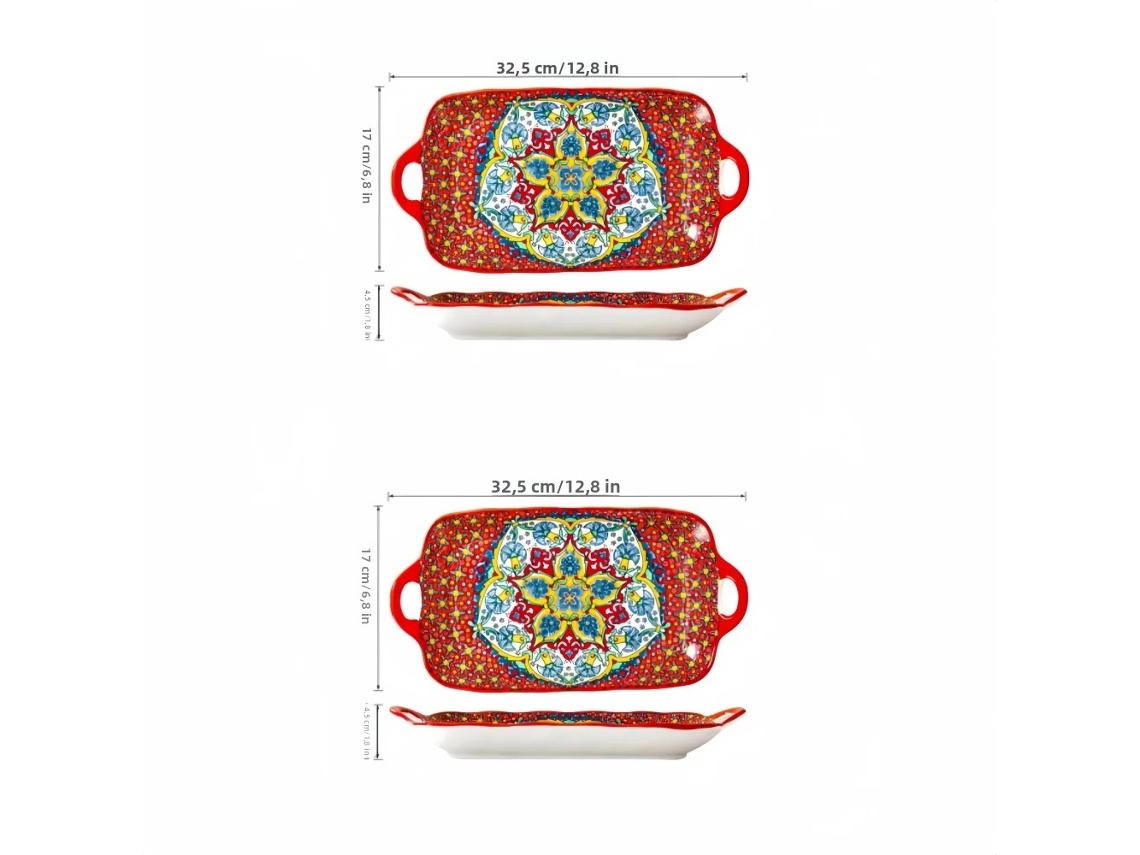 (2 Platos Rojos) De Cerámica Estilo Bohemio En Forma De Pez, Rectangulares De 12,8 Pulgadas, Calentables