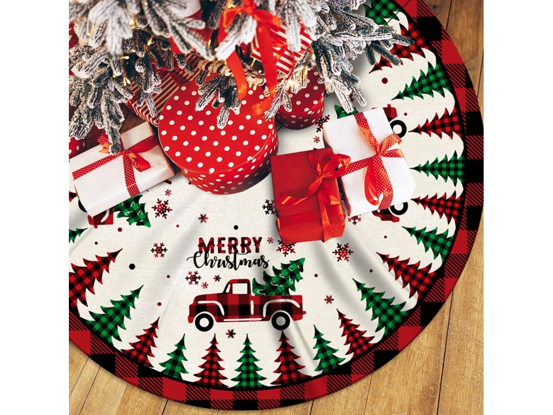 48 Faldas para árbol de Navidad a cuadros rojos de búfalo, decoración navideña rústica. Feliz Navidad.