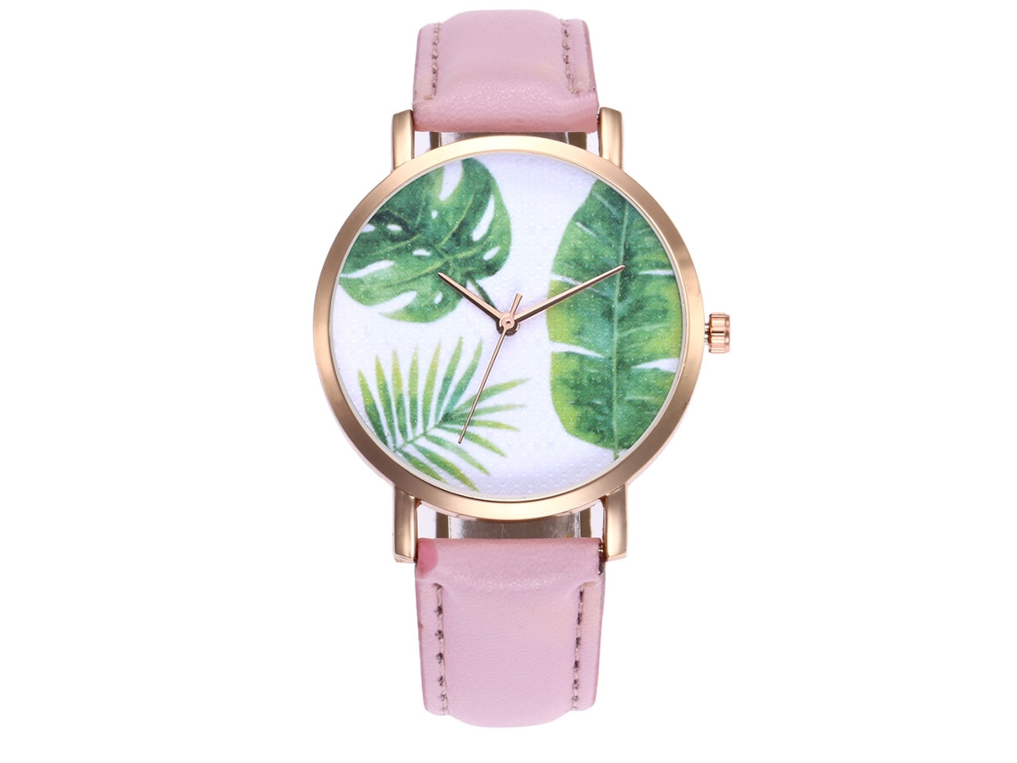 Reloj De Cuarzo De Piel Pu Moda Con Diseño De Hojas Simples Unisex (rosa)