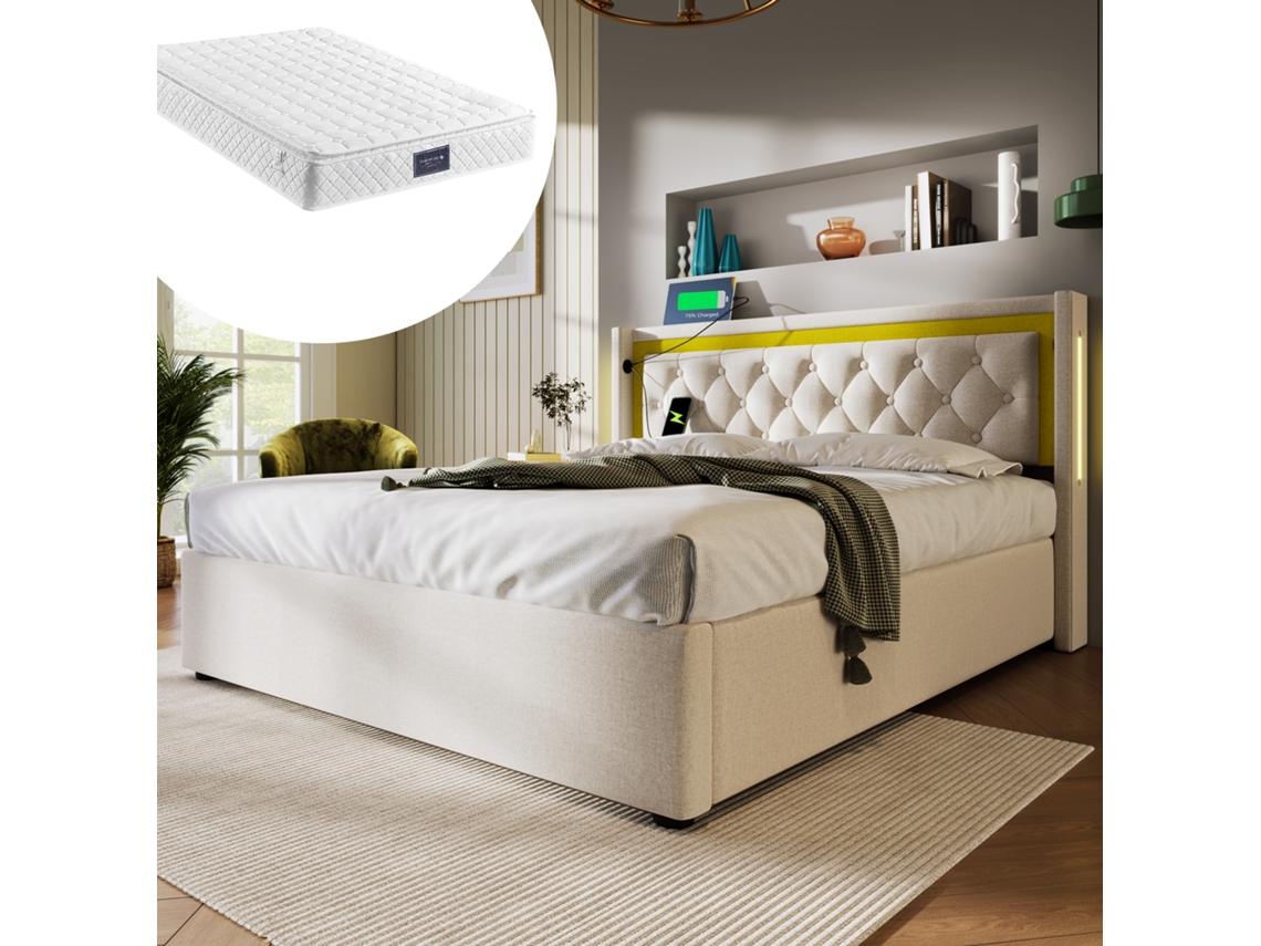 Cama Con Almacenamiento Led De 160x200 Cm Con Usb-c, Cabecero Y Colchón Incluidos, De Algodón.