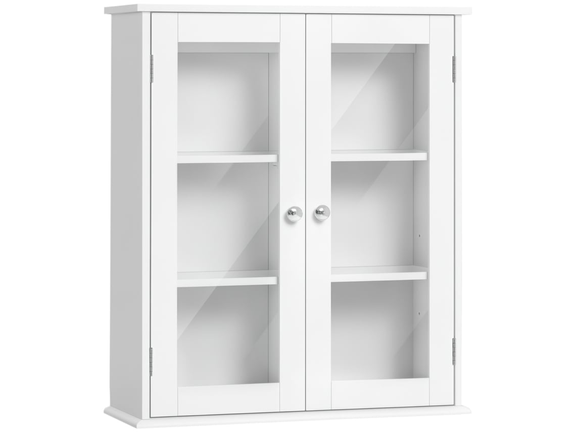 VPMKP - Kleankin armario de baño blanco 55x20x65 cm de pared suspendido, 2 puertas de cristal y estantes ajustables en altura