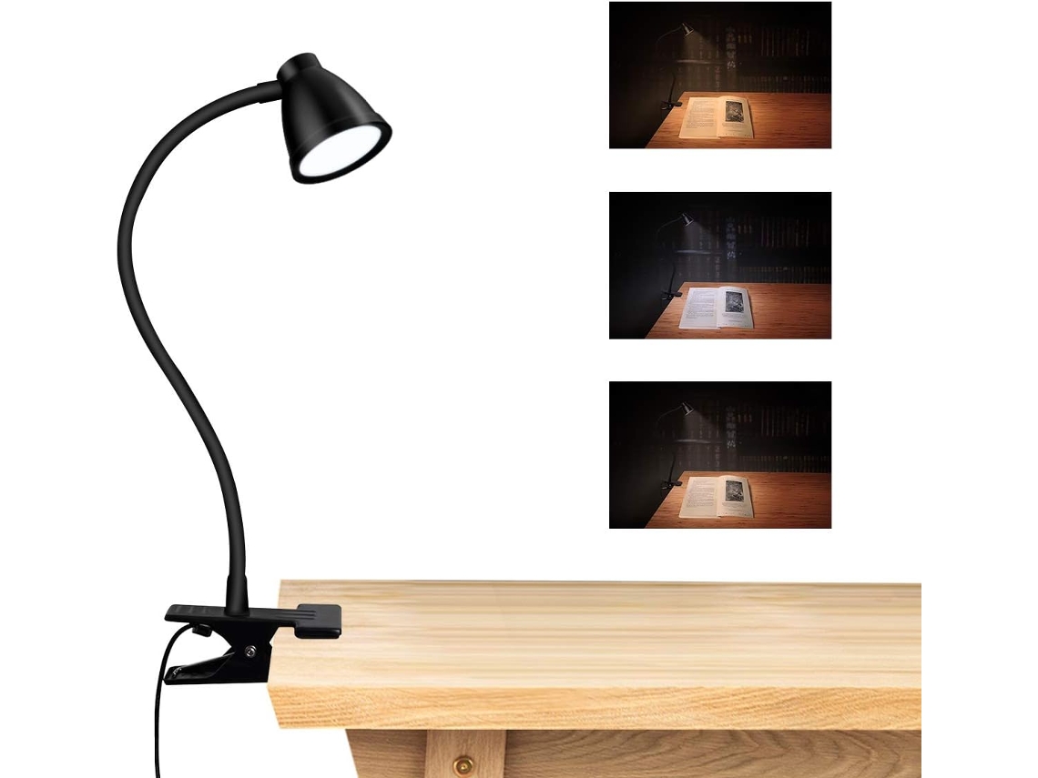 Lámpara de escritorio LED con brillo regulable, lámpara de arquitecto plegable con clip, brazo metálico ajustable 360°, 3 modos de color y brillo ajustable.