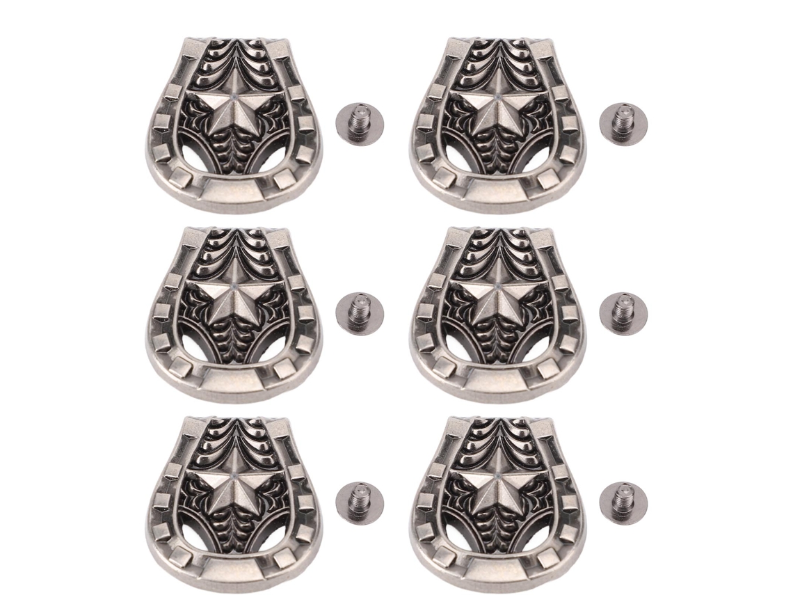 6 Rebites de Parafuso em Liga para Couro Forma de Ferradura Prata Antiga 25x27mm Acessórios de Calçados