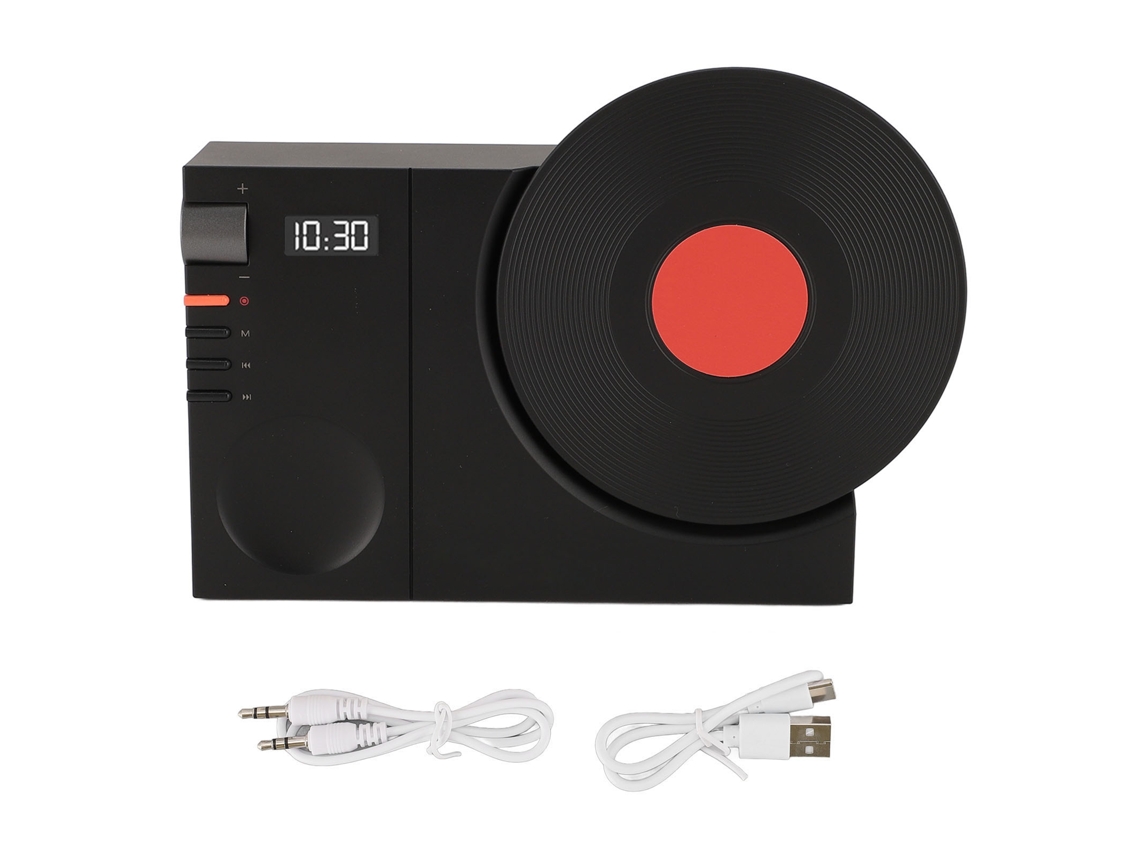 Altavoz Bluetooth Retro Con Reloj De Mesa Giratorio Y Reproductor De Vinilo Negro.