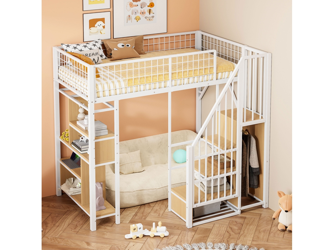 Cama Alta Multifuncional De 90x200 Cm Con Escalera, Espacio De Almacenamiento Y Estantes, En Metal Blanco.