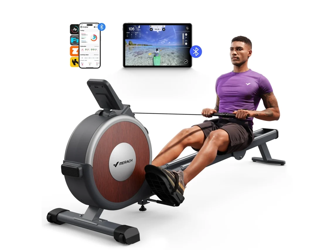 Remo Magnético para Casa MERACH, 16 Niveles, LCD, Bluetooth, Doble Riel, Ultra Silencioso, 160kg, Asiento Ergonómico, Plegable, Compatible con APP