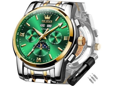 VEANXIN Reloj mecánico automático Tourbillon de acero inoxidable resistente al agua con fecha luminosa para hombre(correa y cara verde)