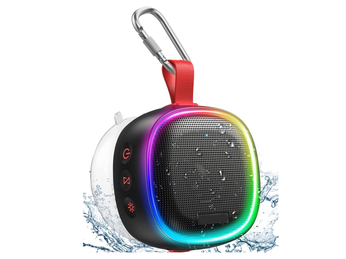 PEYOU Altavoz impermeable IPX7, altavoz de ducha Bluetooth 5.0 impermeable  con ventosa, luces RGB de tiempo de reproducción, sonido envolvente de 360°