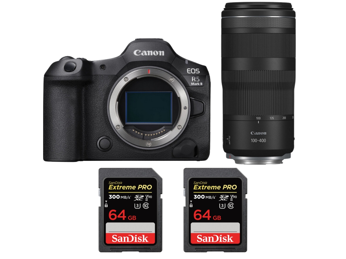Canon EOS R5 Mark II + RF 100 400mm F/5.6 8 IS Usm + 2 Sandisk 64GB UHS II 300MB/s + Libro electrónico “20 consejos para fotos impresionantes”