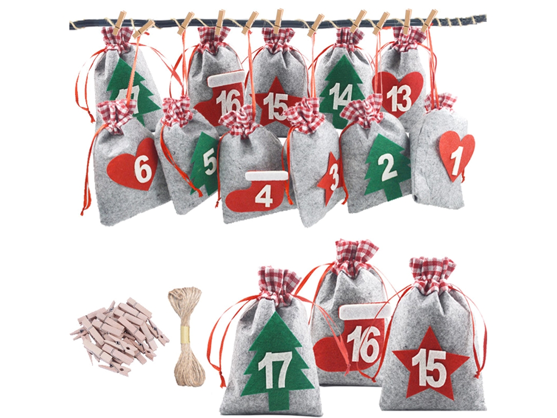 Bolsas artesanales para calendario de Adviento navideño con cordón