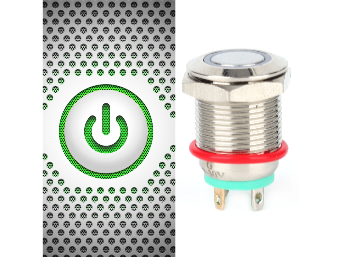2 pulsadores metálicos de 12 mm y 4 pines con luz LED IP65 (verde, 100-240 V)